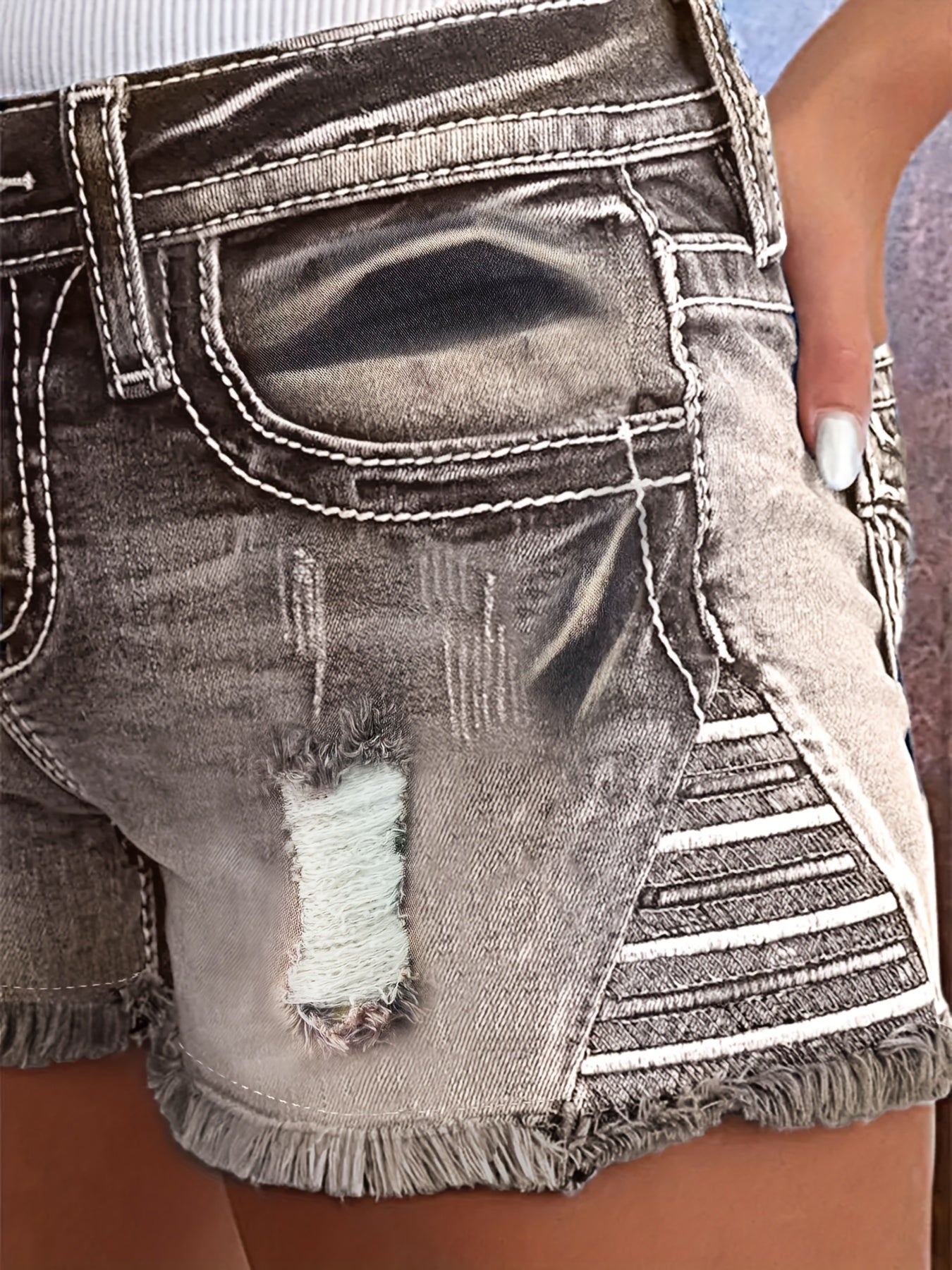 [Distressed Denim] Women's Casual Mid-Rise Stretch Denim Shorts | Denim | Ripped Raw Hem, Frayed Detail, Slash Pockets, Zipper & Button Closure | Summer