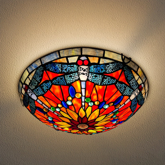 Vintage Stained Glass Flush Mount Ceiling Light - 3-Light 16 Inch Fixture with Dragonfly & Floral Design, Vibrant Colors for Bedroom, Living Room, Entryway, Foyer