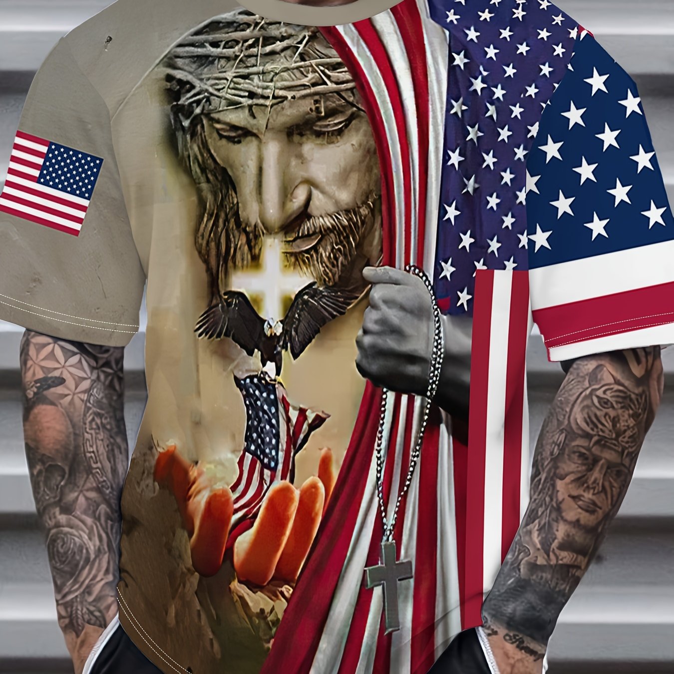 Patriotic Jesus Eagle American Flag Short Sleeve T Shirt