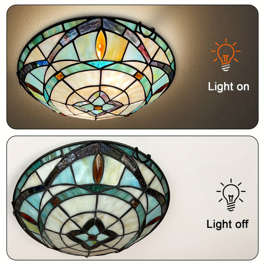 12" Vintage Stained Glass Dome Ceiling Light Fixture, 2-Light Flush Mount with Amber, Blue, Yellow & Golden Mosaic Design for Kitchen, Bedroom, Dining Room, Entryway - Elegant Hardwired Lighting, Entryway Illumination | Tradi