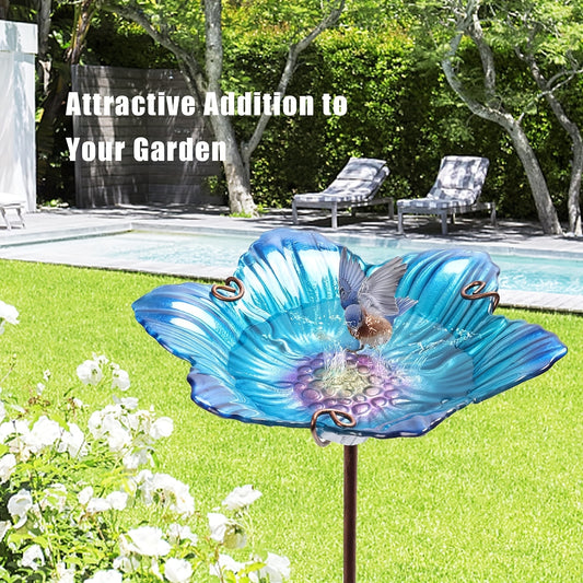26 Inch Tall Blue Glass Birdbath with Stake for Garden Decor