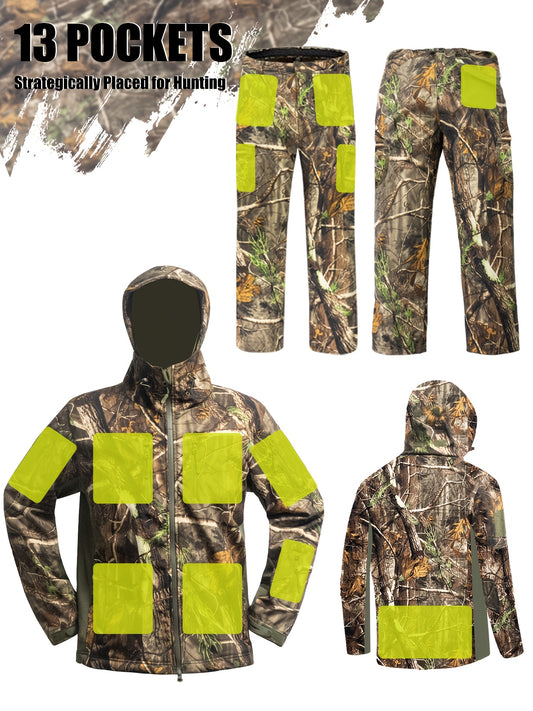 Men's Outdoor Hunting Suit with Quiet Zipper Multi-Pocket Design Ground Fur Lining for Wind Protection and Warmth Camouflage for Deer and Turkey Hunting