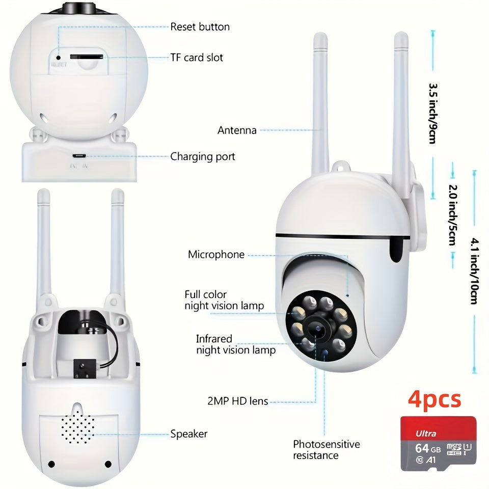 FULL HD 1080P WIFI 4Pcs Surveillance Camera - Indoor And Outdoor Long Range Night Vision Camera - 355 Degree Intercom Home Security Camera, 2.4G Home Security System, AI Mobile Detection, Two-Way Audio, Color Night Vision, Wi