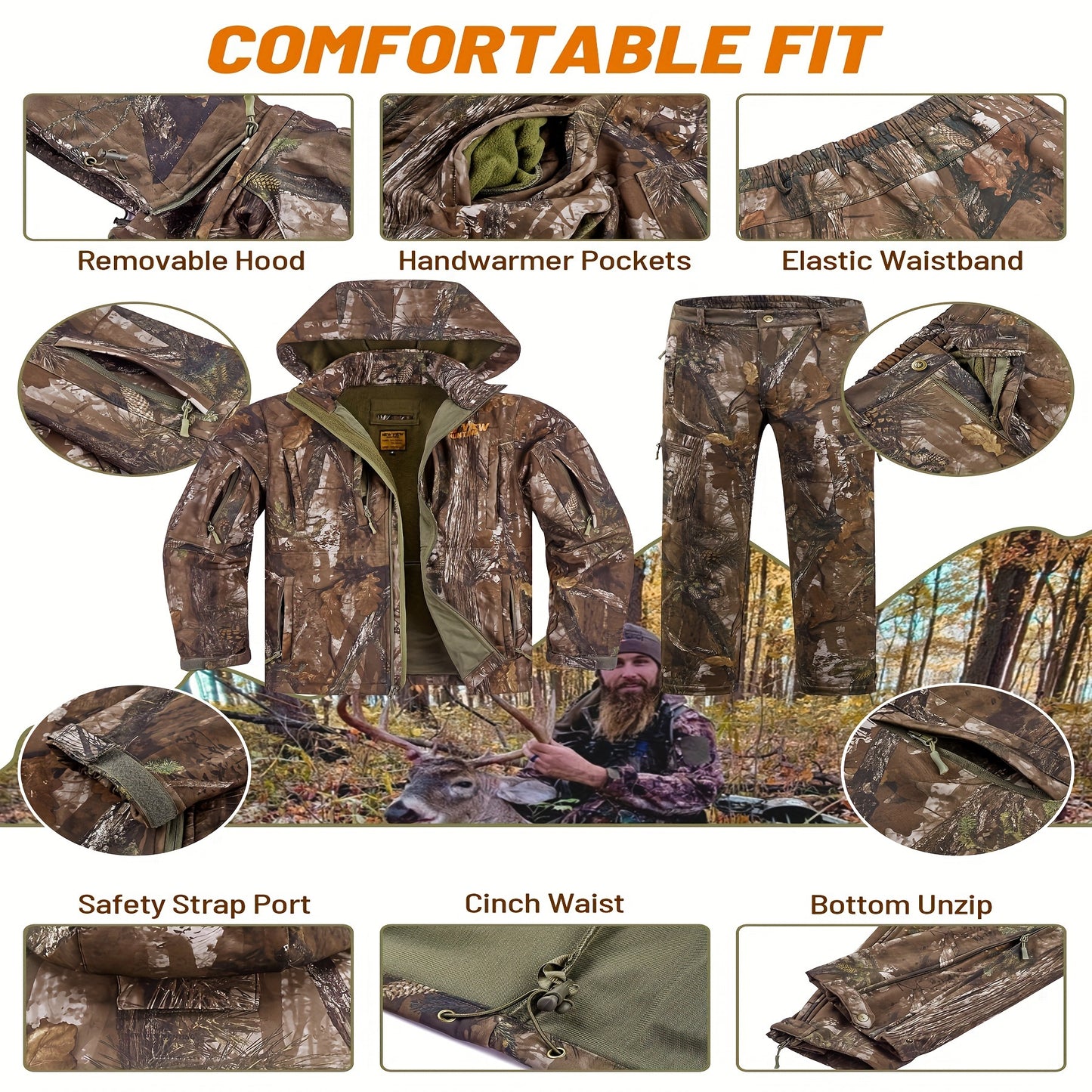 NEW VIEW Men's Silent Camo Hunting Gear Set - Fleece-Lined Jacket & Pants for Enhanced Concealment