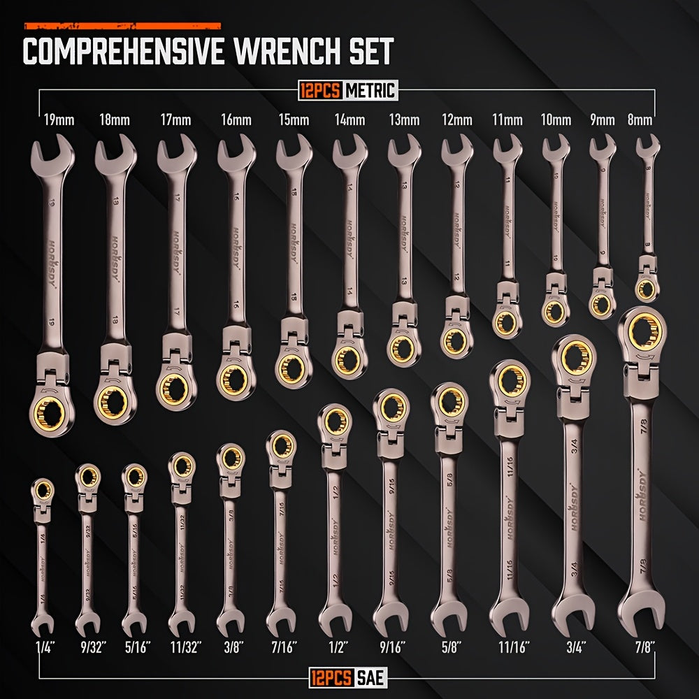 HORUSDY 24pcs Flex-Head Ratcheting Wrench Set Metric SAE