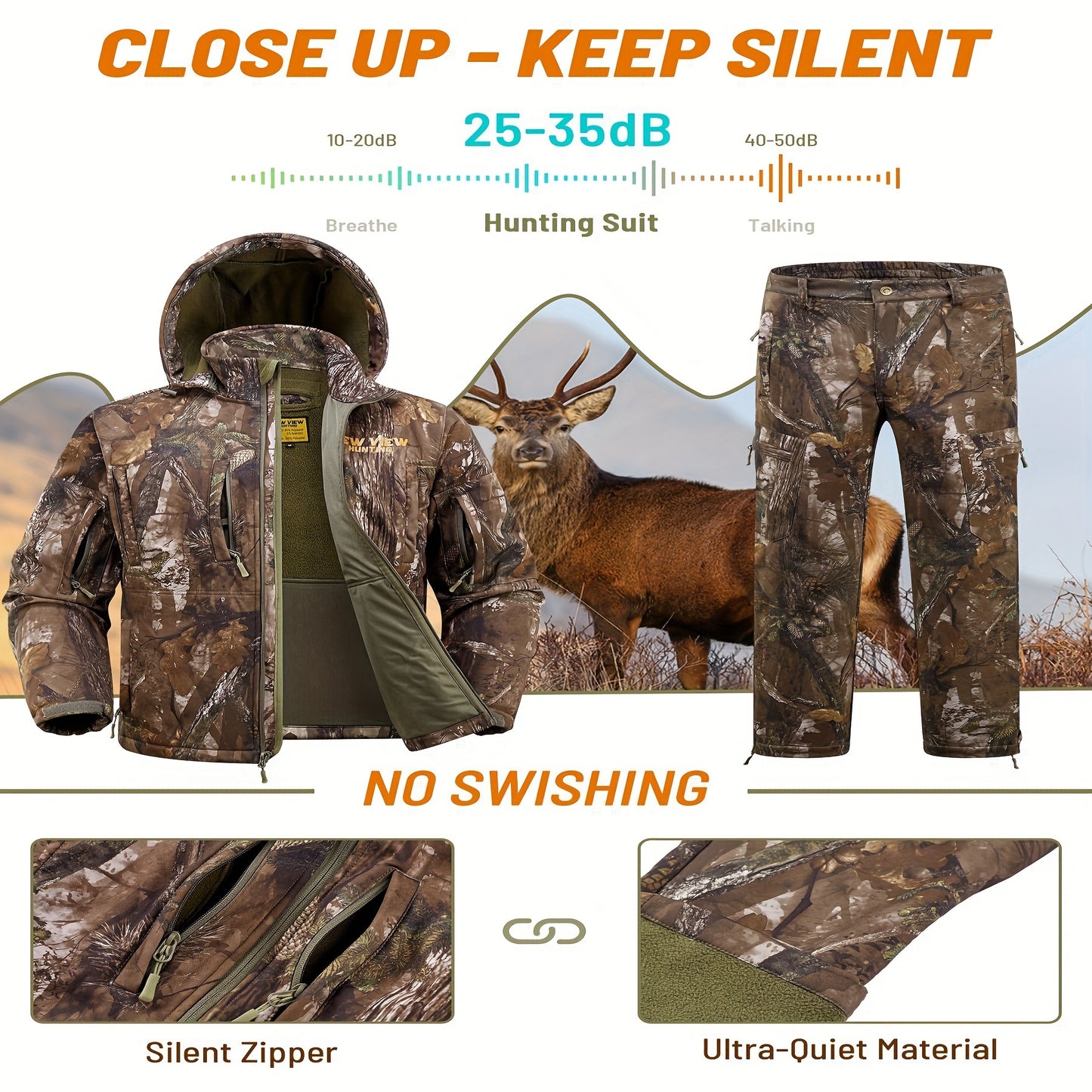 NEW VIEW Men's Silent Camo Hunting Gear Set - Fleece-Lined Jacket & Pants for Enhanced Concealment