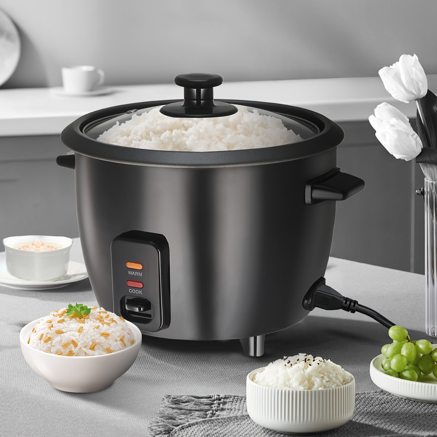 A Rice Cooker Featuring a Detachable Nonstick Pot, a Yogurt Maker with an Automatic Keep Warm Setting, And a Generous Capacity of 6 Cups (Cooked) Or 1. 5 Quarts, And 3 Cups (Uncooked). It Operates with a Single Touch And Serv
