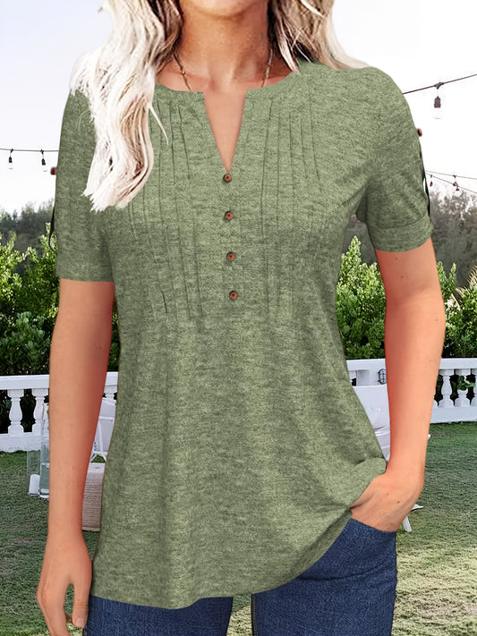 [Summer V-Neck Pleated Tee] Summer Solid Color V-Neck Pleated Button Short Sleeve T-Shirt - Women's Casual Top