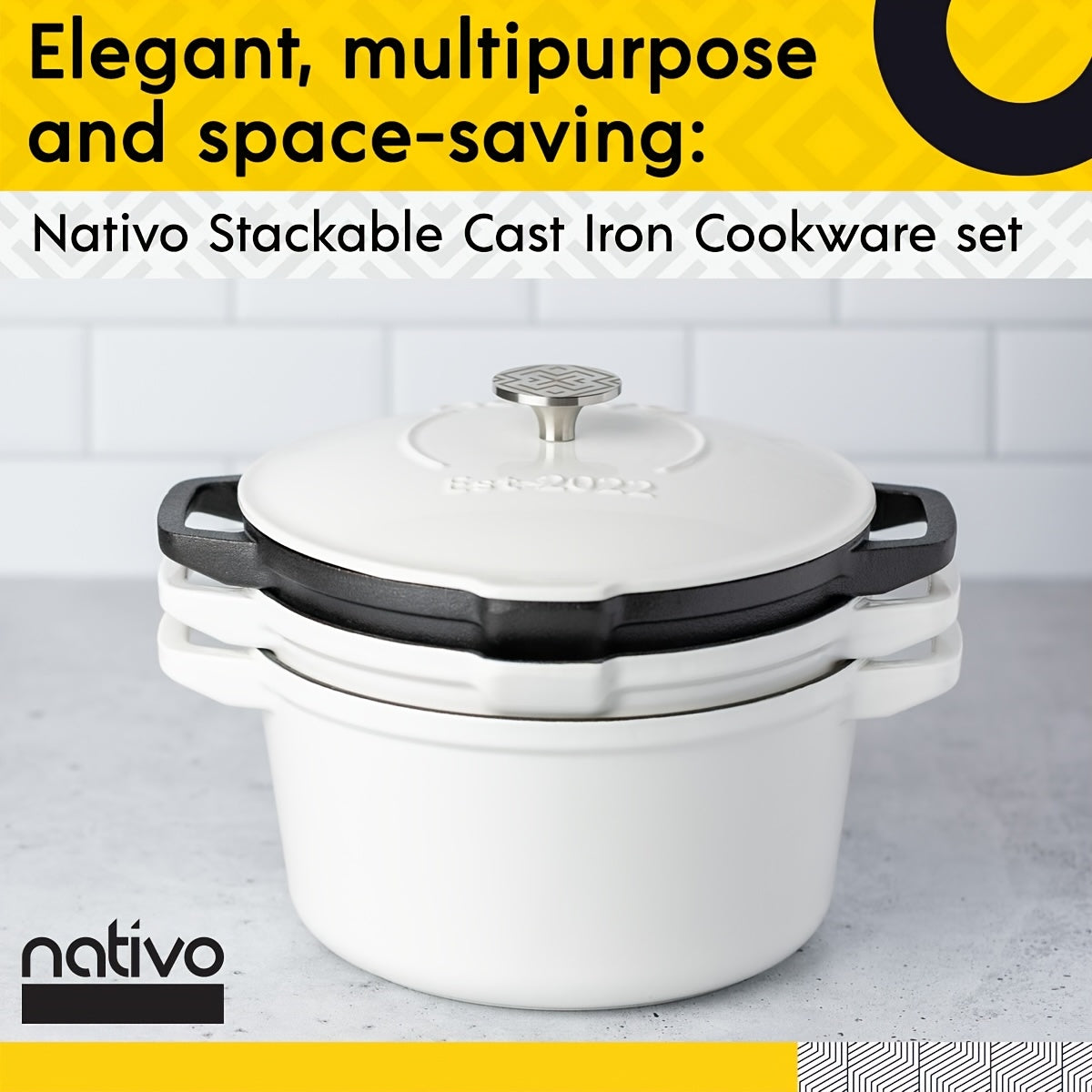 NATIVO 5pcs Stackable Cast Iron Cookware Set White