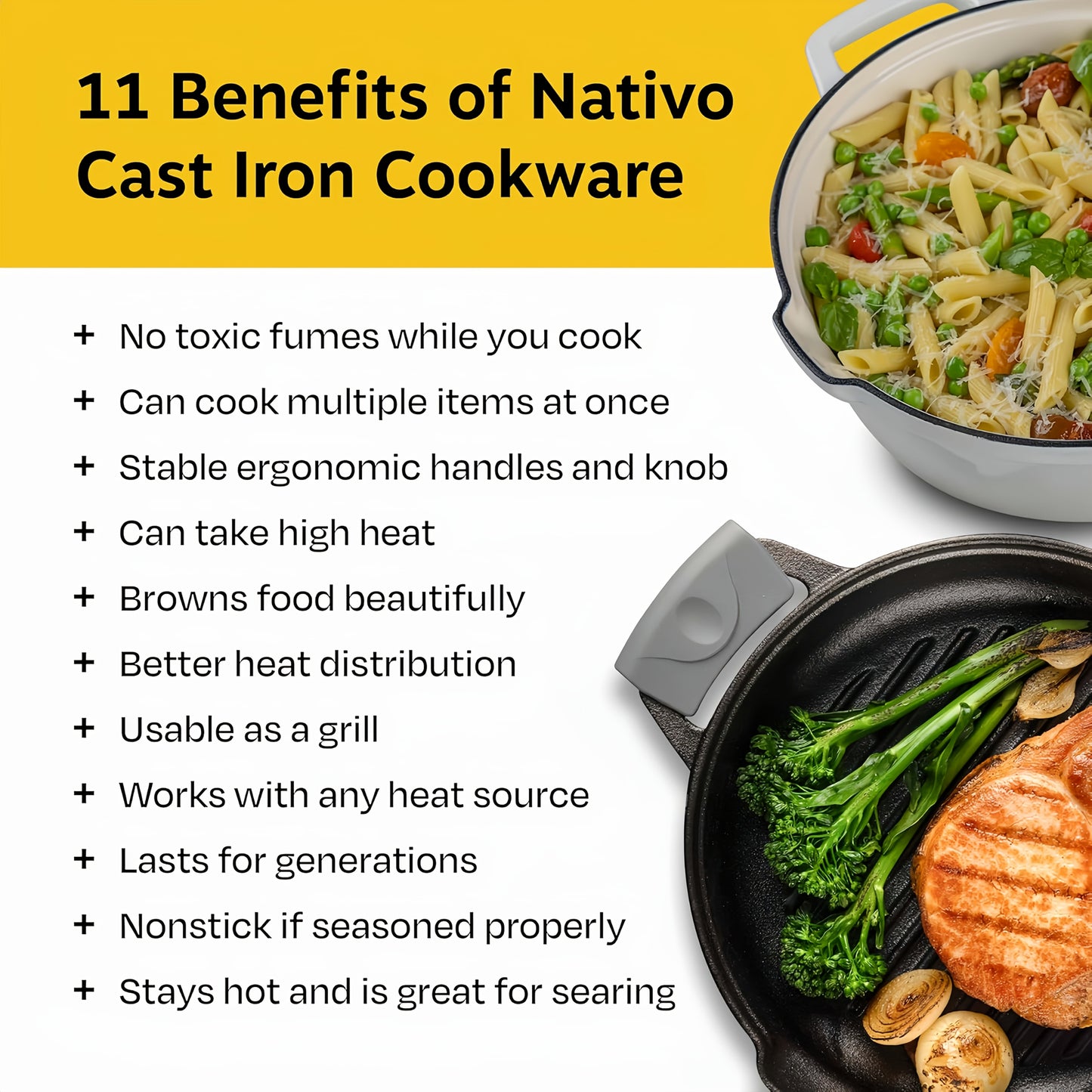 NATIVO 5pcs Stackable Cast Iron Cookware Set White