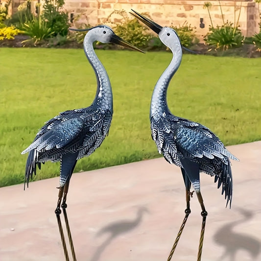 2pcs Metal Crane Statues, Rustic Blue Heron Yard Art