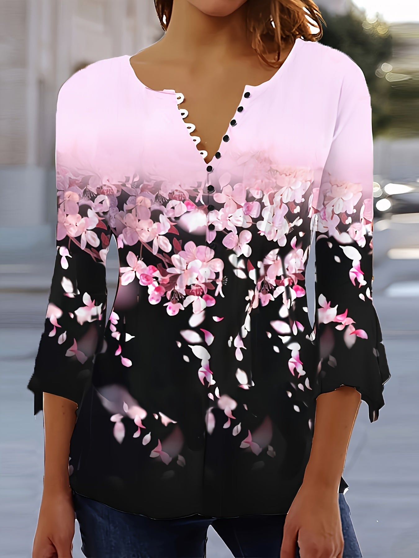 [Floral Print T-Shirt] Soft Polyester Women's Stylish Floral Print Button-Up T-Shirt - Casual Three-Quarter Sleeve Top with Scalloped Neckline, Perfect for Spring, Summer & Fall