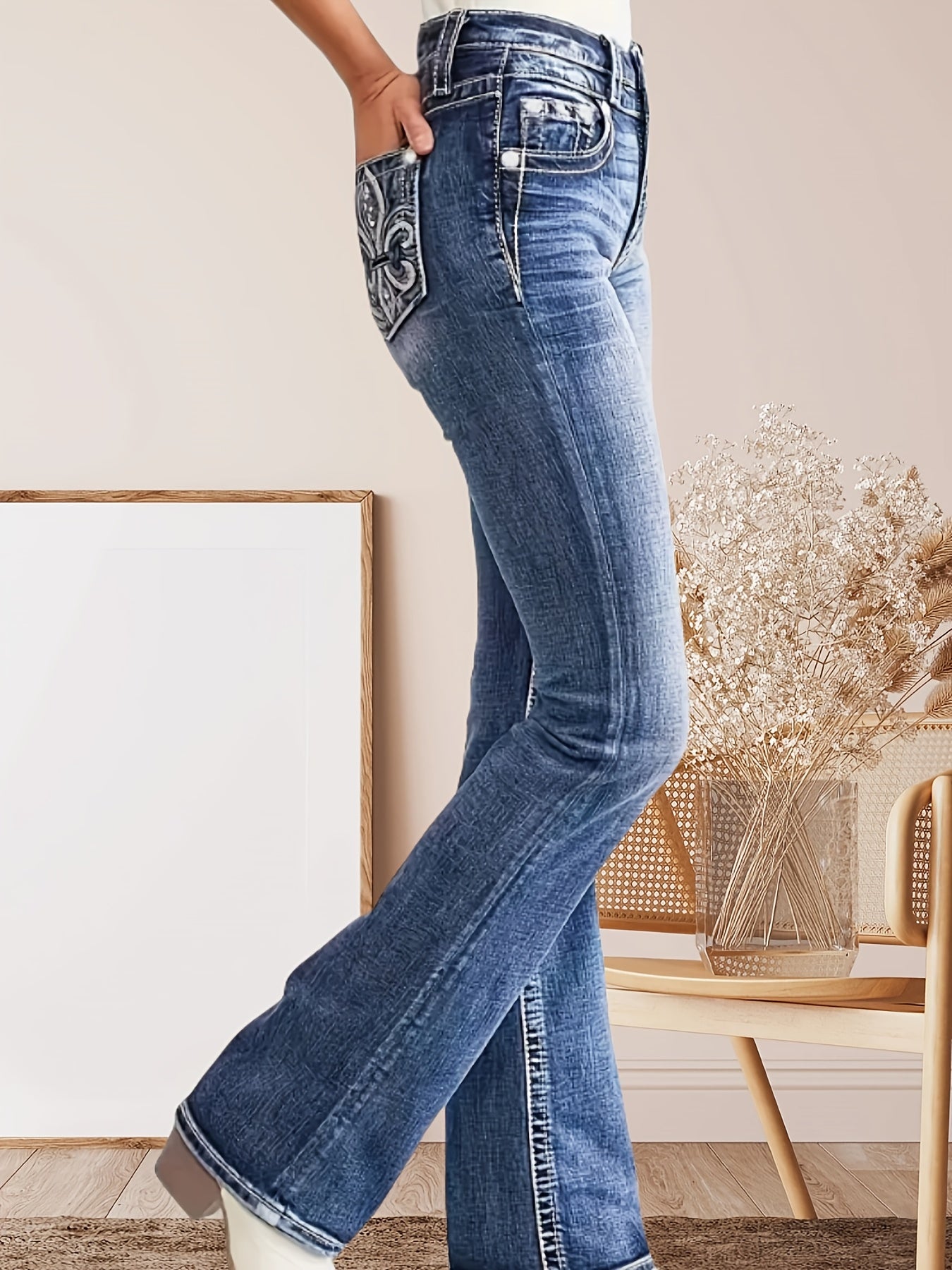 Women's Slim-Fit Mid-Rise Flared Denim Trousers Blue