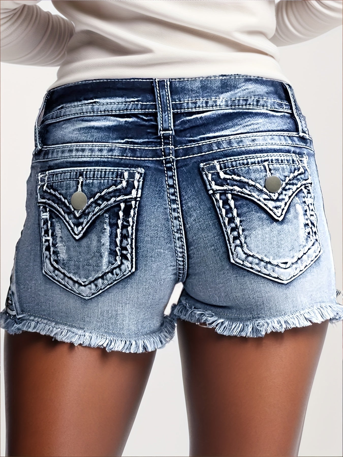 [Distressed Denim] Women's Casual Mid-Rise Stretch Denim Shorts | Denim | Ripped Raw Hem, Frayed Detail, Slash Pockets, Zipper & Button Closure | Summer