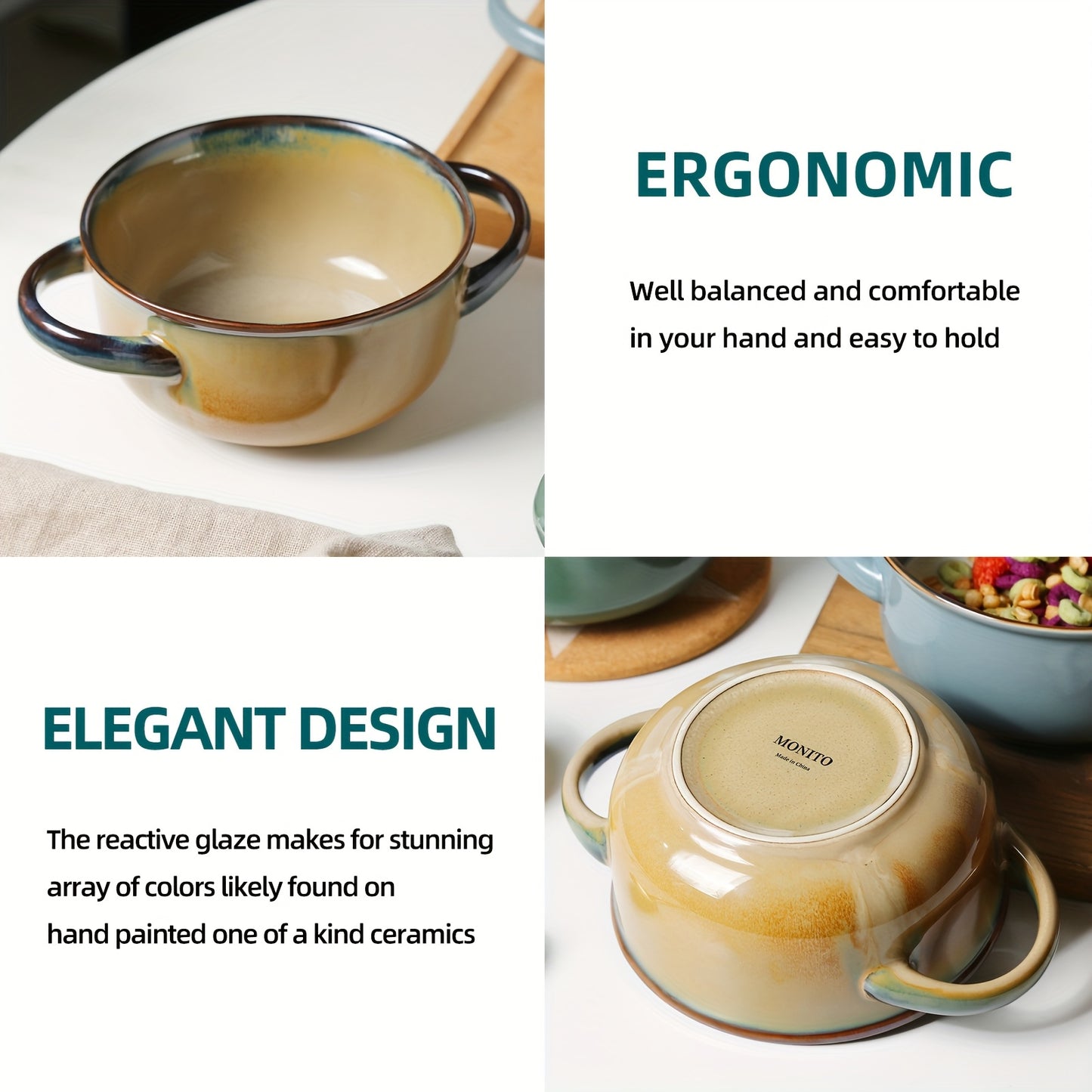 4pcs Color Dopamine Color Matching Ceramic Binaural Bowl