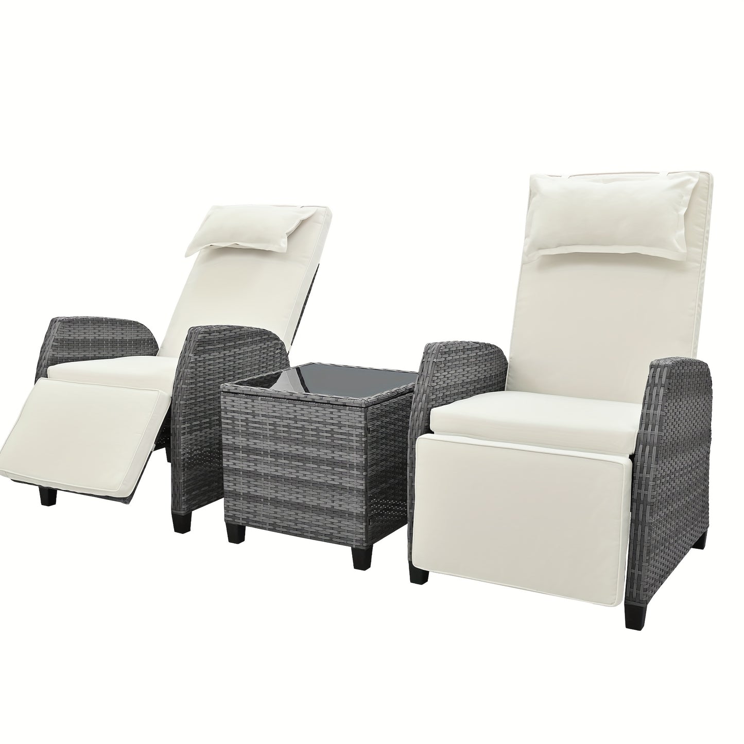3pcs Outdoor Rattan Two-Person Recliner Chairs Set With Table