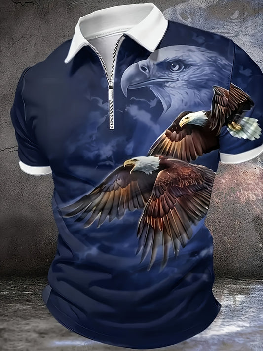 Men's Eagle Print Shirt Breathable Polyester Short Sleeve Navy Blue and White Contrast Design Regular Fit with Zipper Detail for Casual and Formal Summer Wear Versatile Nature-Inspired Fashion