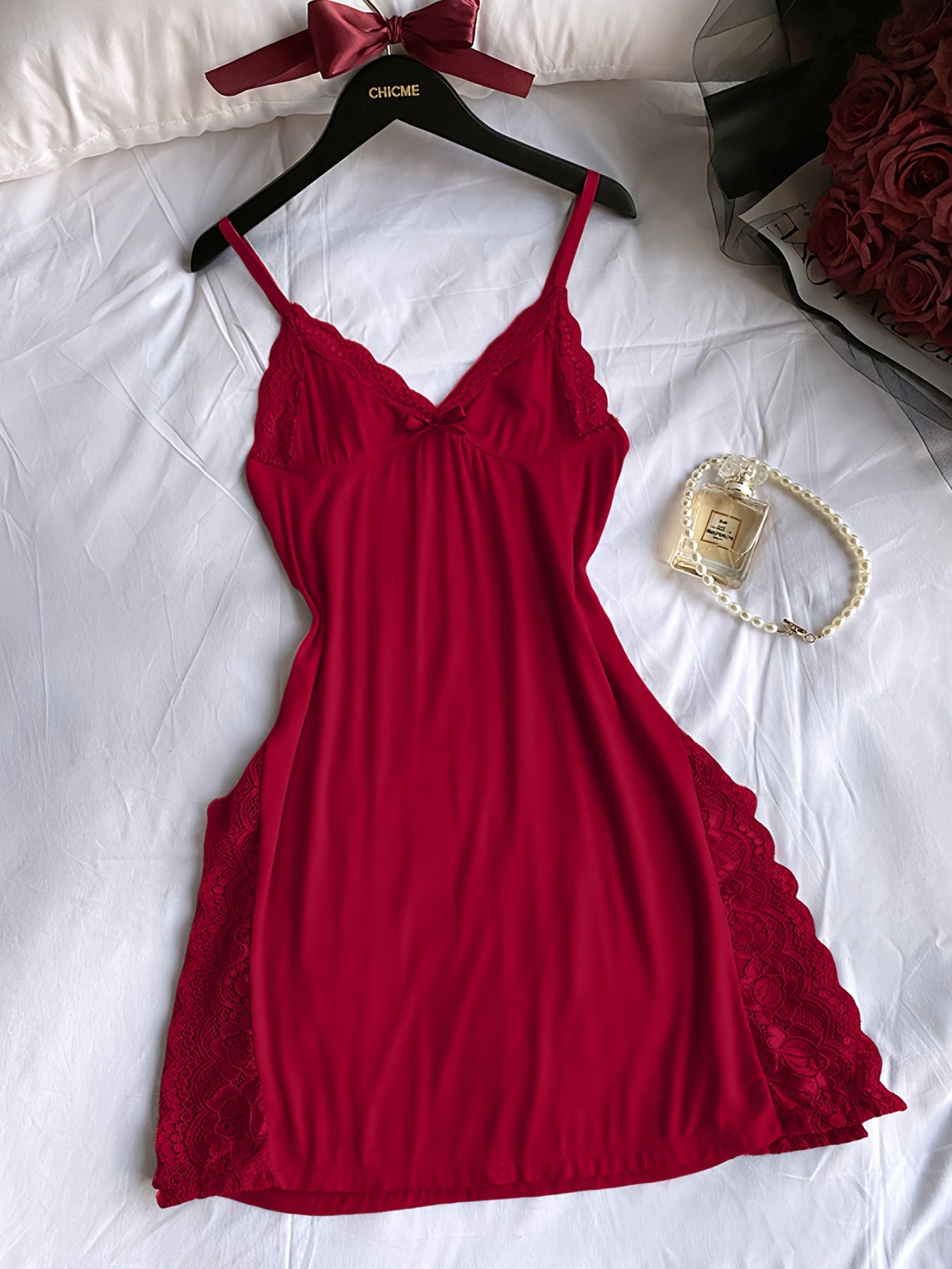 Solid Lace Women's Nightdress 3pcs Lace Panels Slits