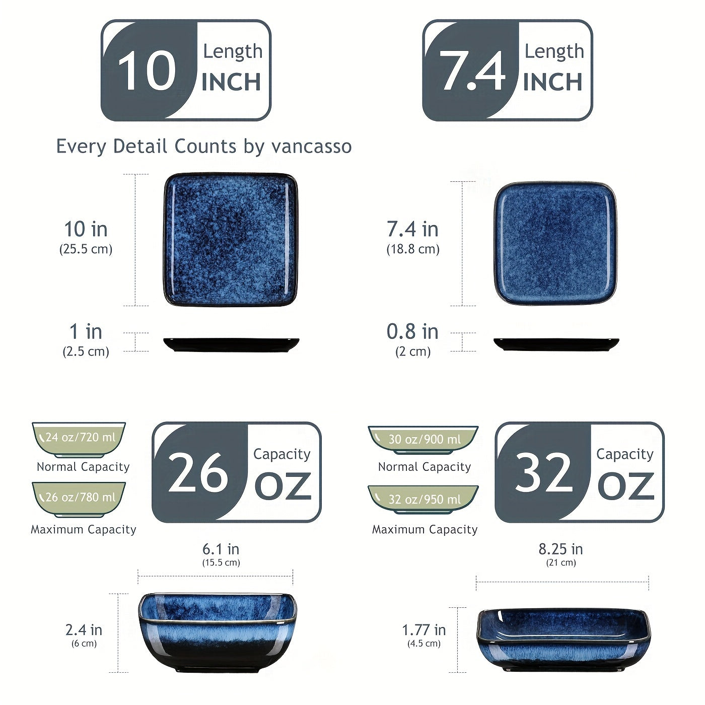 Dinner Sets, Square Reactive Glaze Crockery Set 16pcs VANCASSO