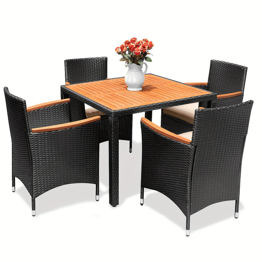Gunji Outdoor Dining Set With Rattan Wicker And Wood