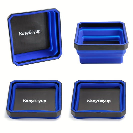 Magnetic Foldable Parts Tray Set, 4pcs 4.5 Inch Square Silicone Magnetic Tool Trays for Screw, Bolts, Nuts, Washers, Pins And Other Small Metal Parts, Blue