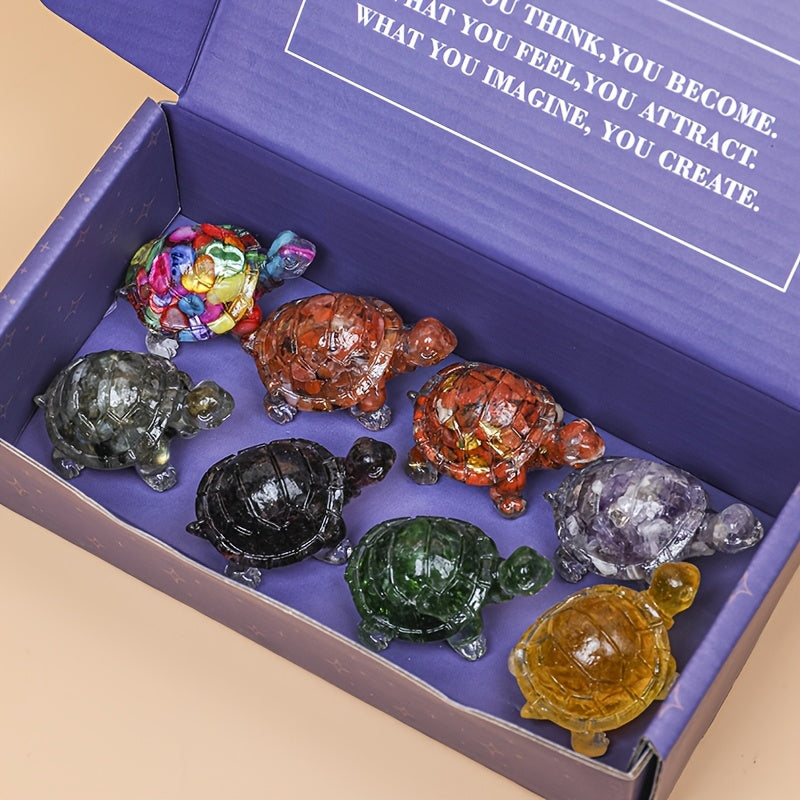 [Natural Crystal Turtle] 8pcs Natural Crystal Stone Handmade Turtle - Reiki Chakra, Home Decoration, Outdoor Crystal Ornament, Aqua Set Decoration, Pocket Crystal Pet with Gift Box Package, New Year's, Valentine's Day Gift, H