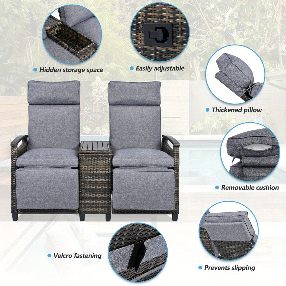 Patio Recliner Loveseat Chair with Storage Table Gray