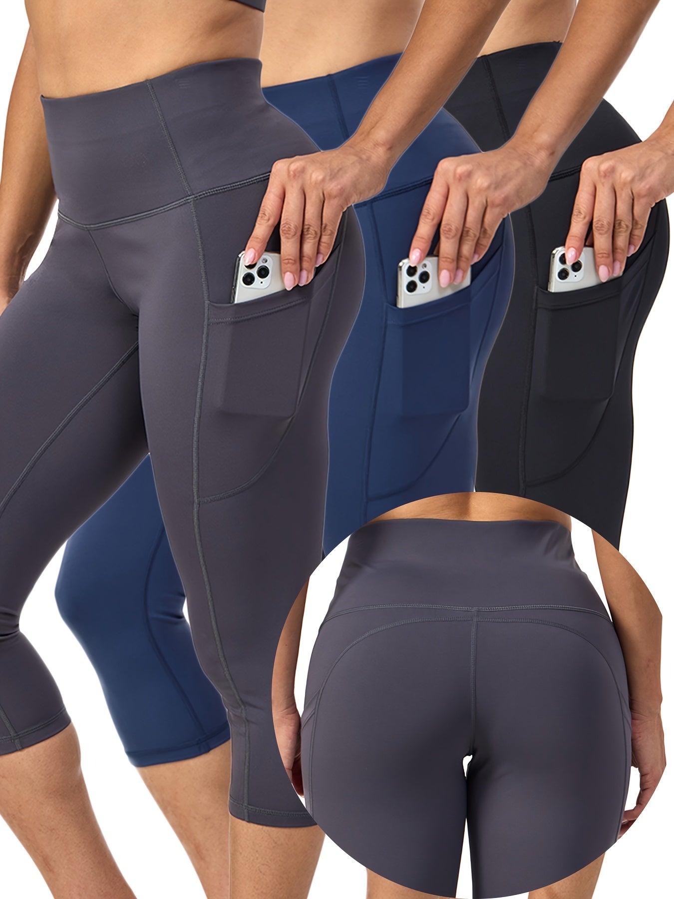 3pcs Women's High Waist Yoga Pants With Pockets Capri Leggings