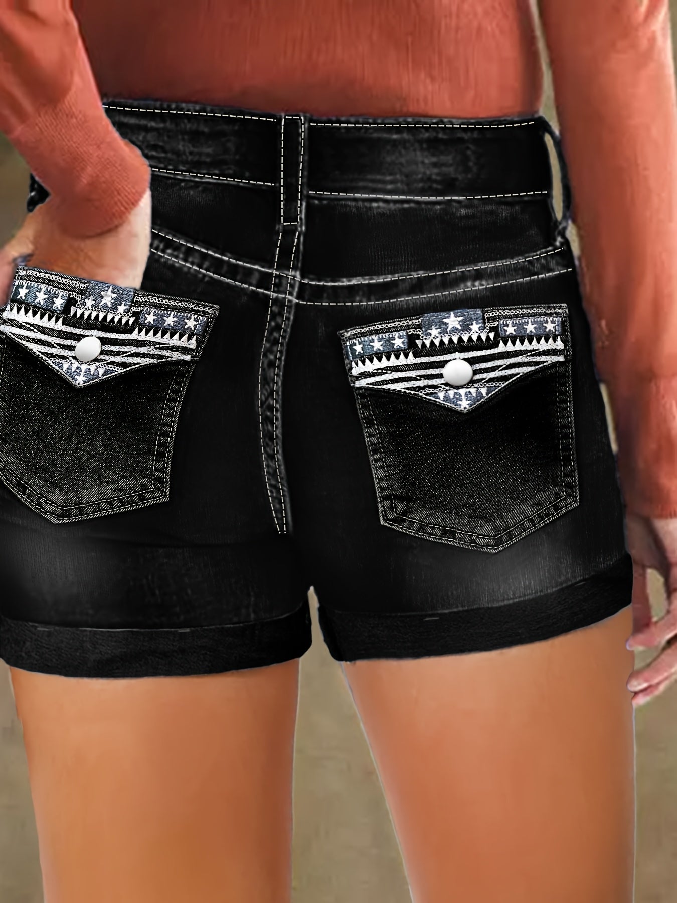 Women's Plus Size High-Waisted Stretch Denim Shorts - Retro Slim Fit with Black Star Embroidery, Double Button Back Pocket & Rolled Hem, Machine Washable Summer Casual Shorts, High Waisted Shorts, Stylish Back Pockets, Embroi