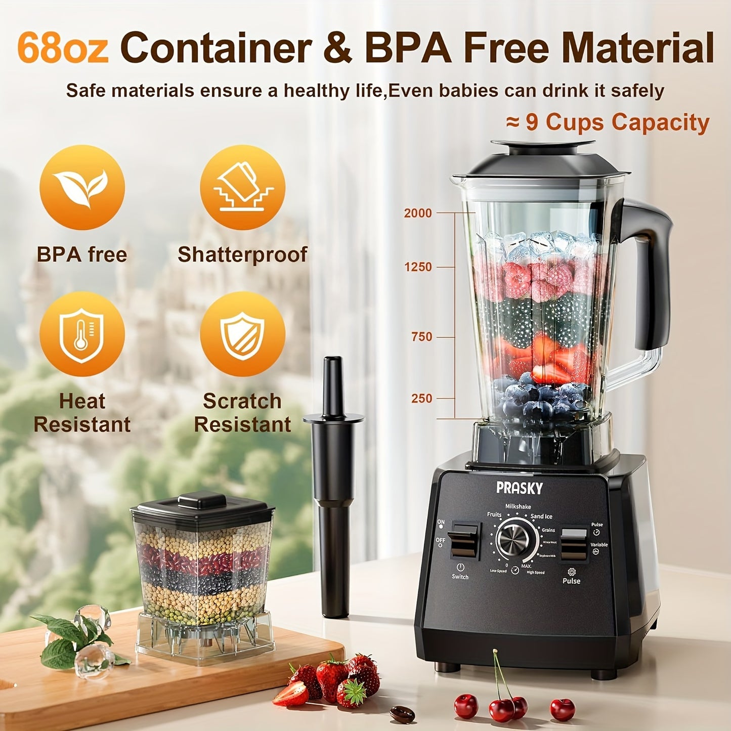[Powerful Blender] 2 Containers 2400W Professional Blender | Smoothies Blender, Sorbet Blender And Grinder Combo 25000RPM Powerful Blenders Kitchen 68oz Countertop Blenders Ice, Grinding, Milk Shake, Ice Slushie, Juice, Shake