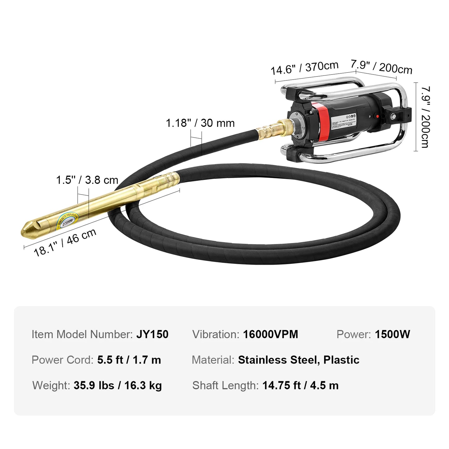 VEVOR Electric Concrete Vibrator 1300W 16000 VPM 2HP Copper Motor Handheld Portable Pencil Remove Air Bubble and Level