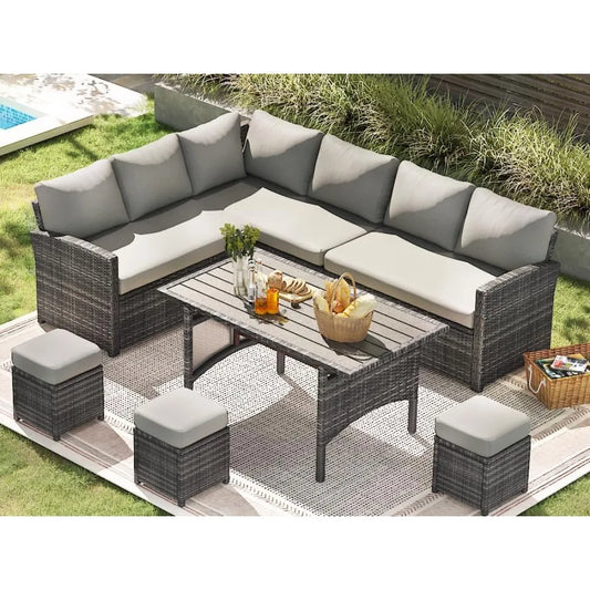 Outdoor Sectional Sofa Conversation Set With Dining Table & Chair