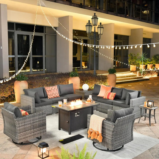 11 Piece Outdoor Patio Furniture Set with Fire Pit Table