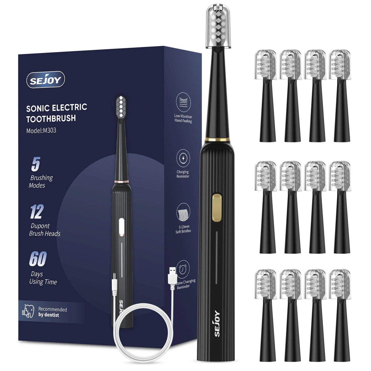 SEJOY Sonic Electric Toothbrush Rechargeable For Adult Rotating Toothbrush With 12 Brush Heads 5 Modes Timer