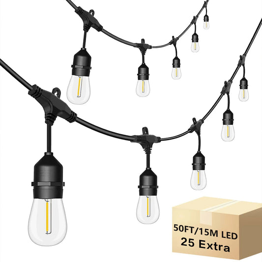 50FT S14 LED Patio Lights With 25 Edison Bulbs IP65
