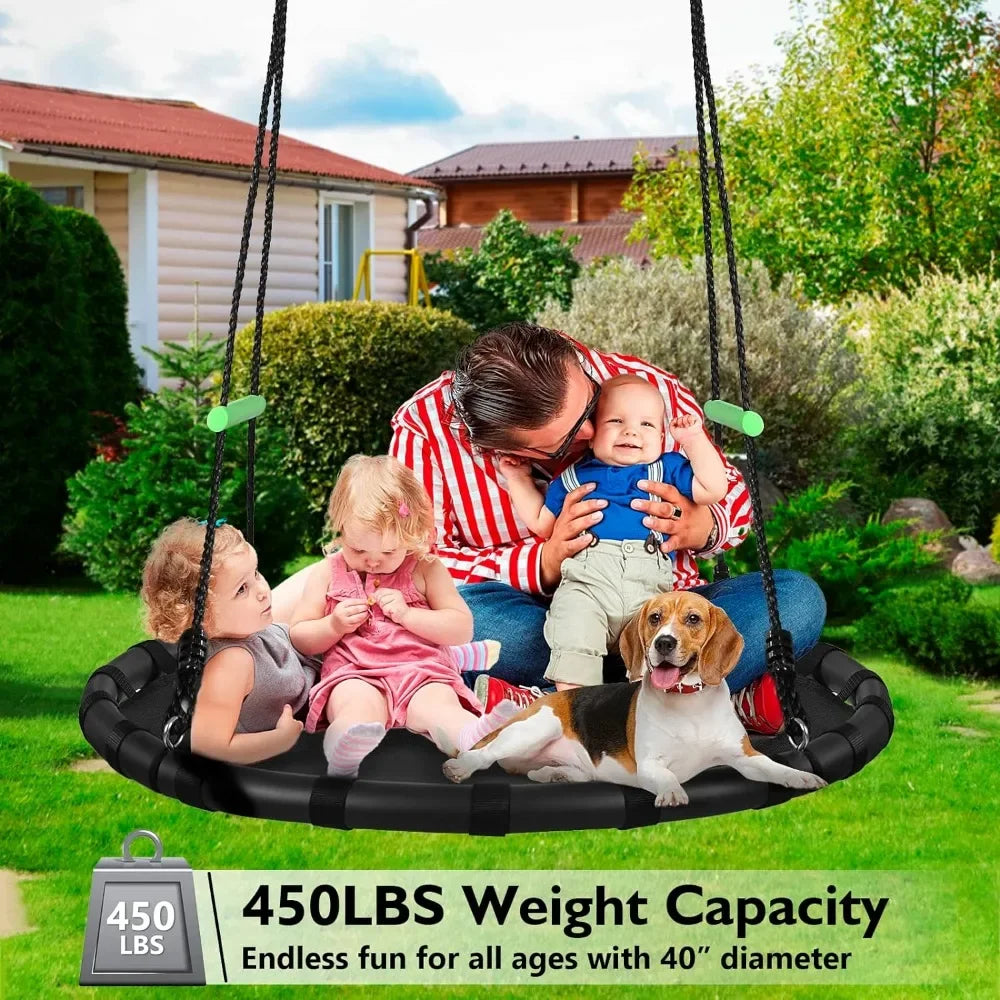 Tree Swing with PP Mat for Kids and Adults Durable Black Outdoor Saucer Swing Flying Saucer Web Circle 40 Inches Diameter