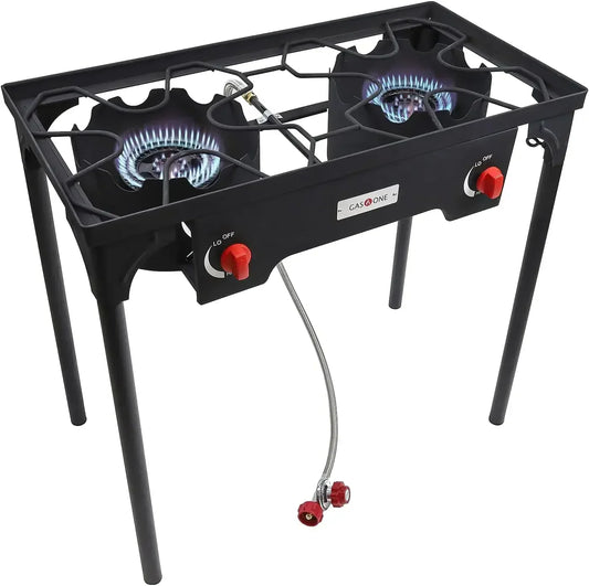 Propane Double Burner Two Burner Camp Stove Outdoor High Pressure Propane 2 Burner Adjustable PSI Regulator and 4ft Steel Braide