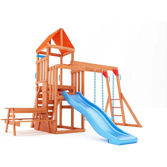 Wooden Swing Sets for Backyard with Monkey Bar and Slide