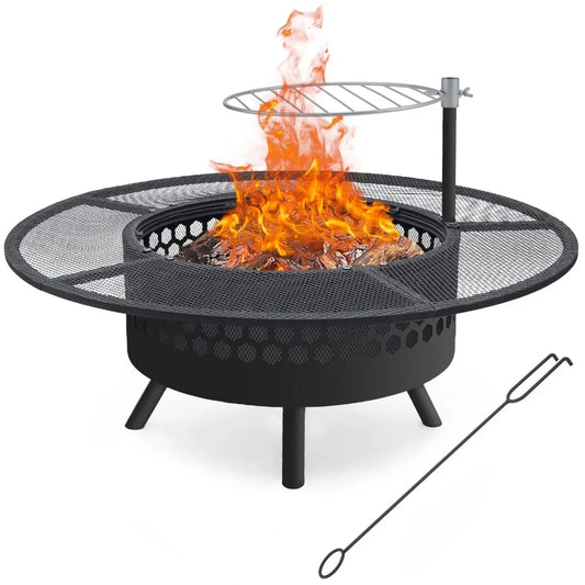Outdoor Wood Fire Pit, Cast Iron Fire Pit with Grill, Black