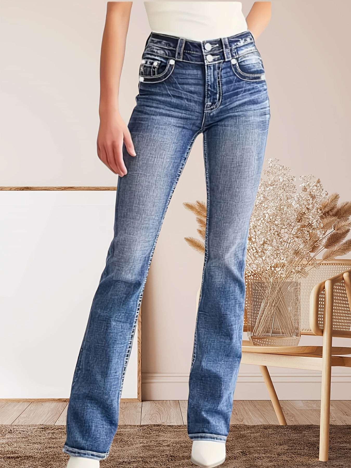 Women's Slim-Fit Mid-Rise Flared Denim Trousers Blue
