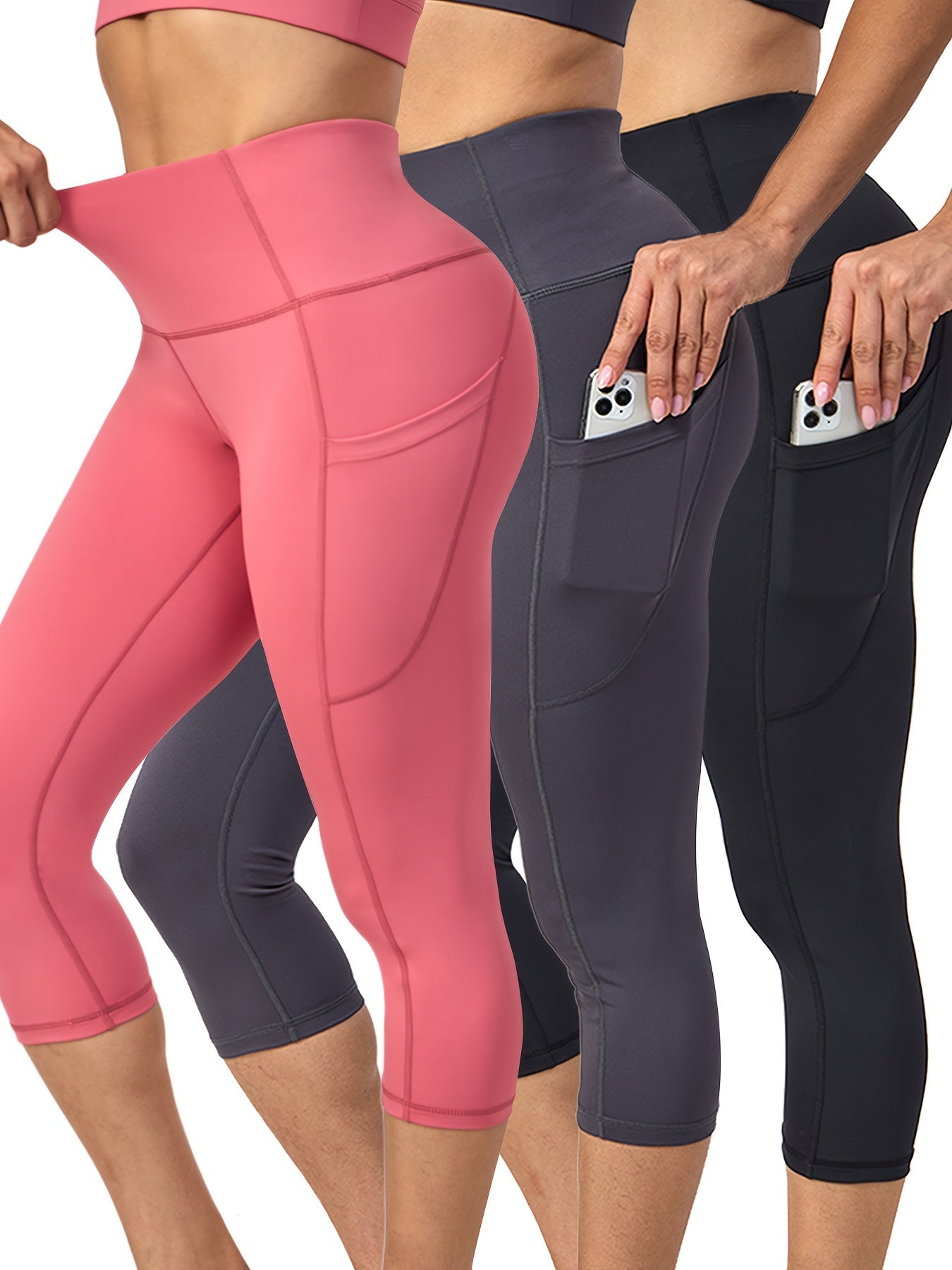 3pcs Women's High Waist Yoga Pants With Pockets Capri Leggings
