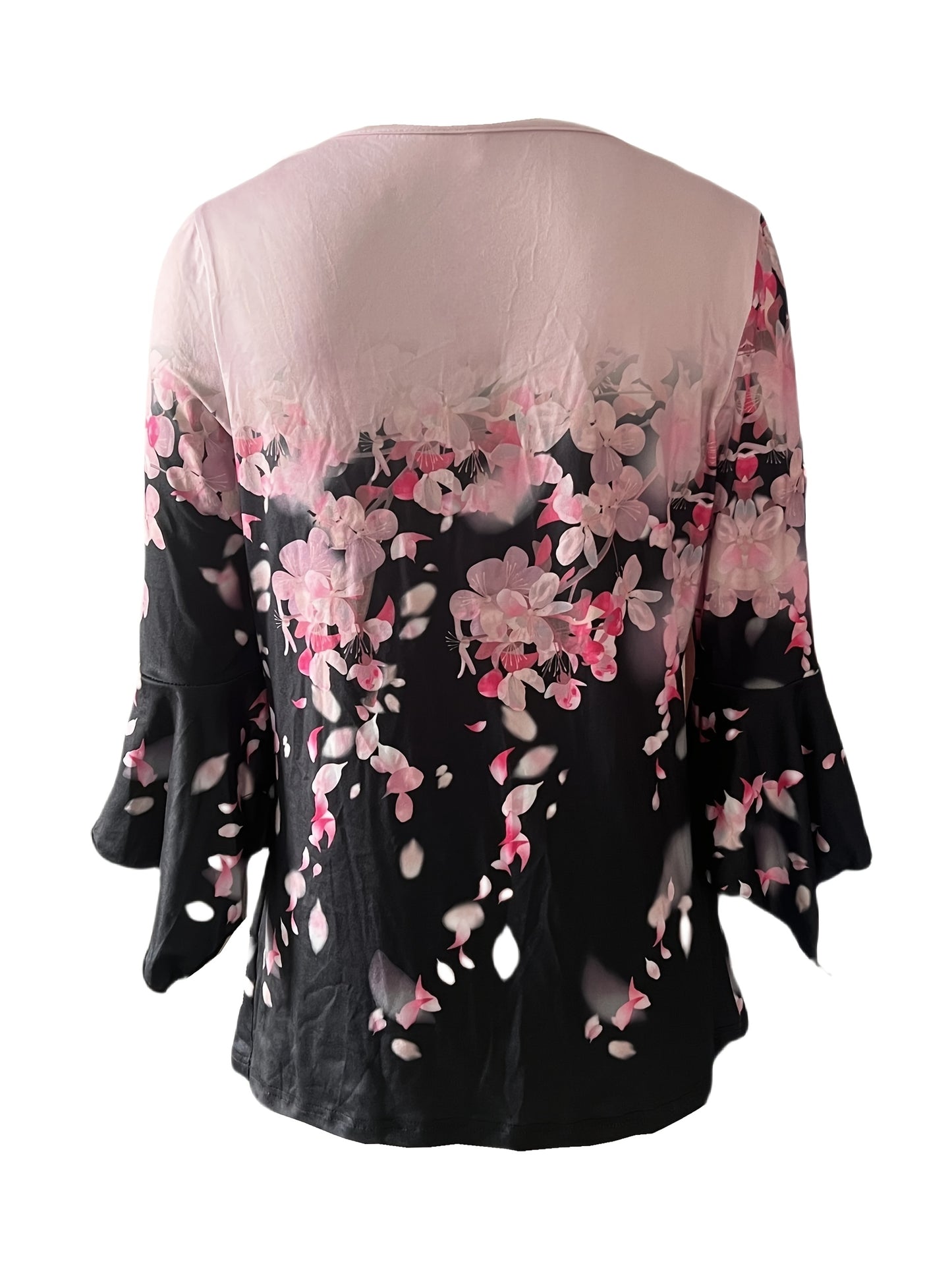 [Floral Print T-Shirt] Soft Polyester Women's Stylish Floral Print Button-Up T-Shirt - Casual Three-Quarter Sleeve Top with Scalloped Neckline, Perfect for Spring, Summer & Fall