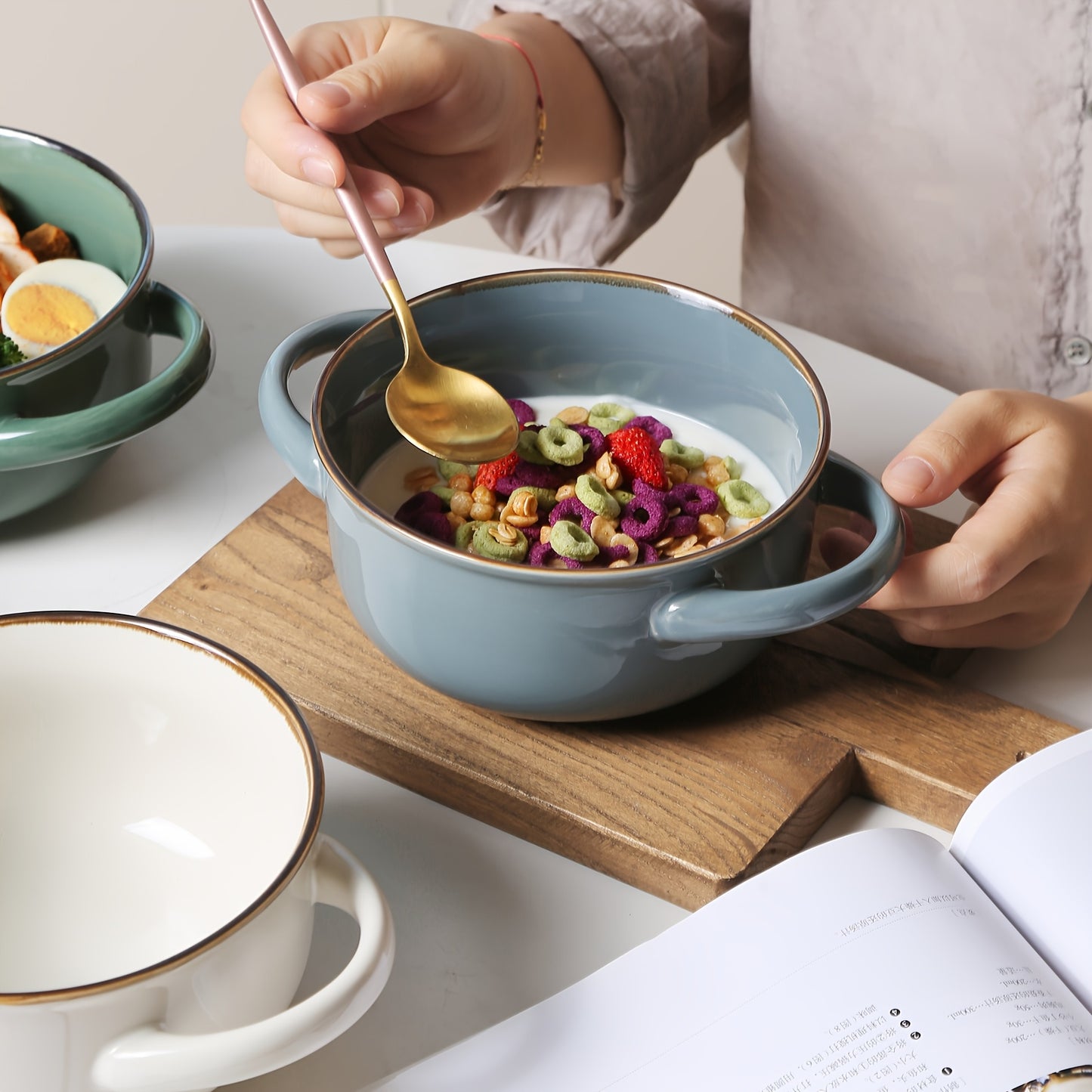 4pcs Color Dopamine Color Matching Ceramic Binaural Bowl