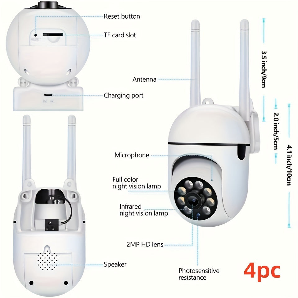 FULL HD 1080P WIFI 4Pcs Surveillance Camera - Indoor And Outdoor Long Range Night Vision Camera - 355 Degree Intercom Home Security Camera, 2.4G Home Security System, AI Mobile Detection, Two-Way Audio, Color Night Vision, Wi