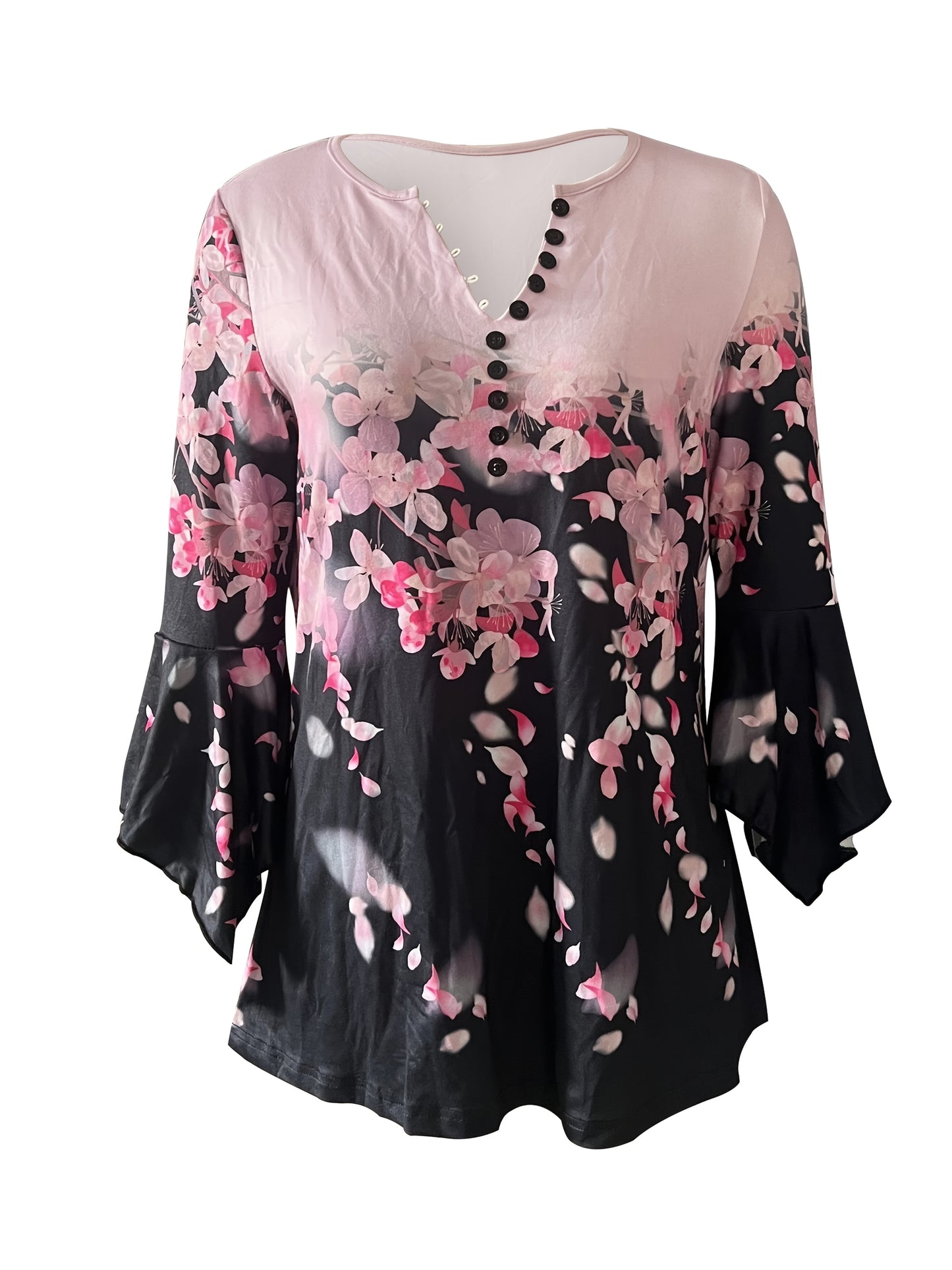 [Floral Print T-Shirt] Soft Polyester Women's Stylish Floral Print Button-Up T-Shirt - Casual Three-Quarter Sleeve Top with Scalloped Neckline, Perfect for Spring, Summer & Fall