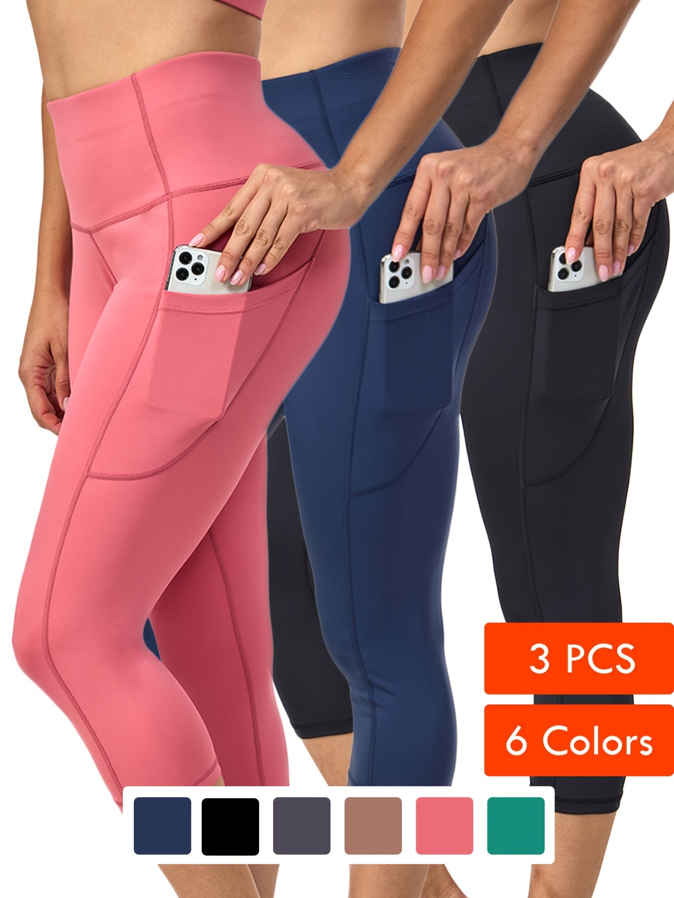 3pcs Women's High Waist Yoga Pants With Pockets Capri Leggings