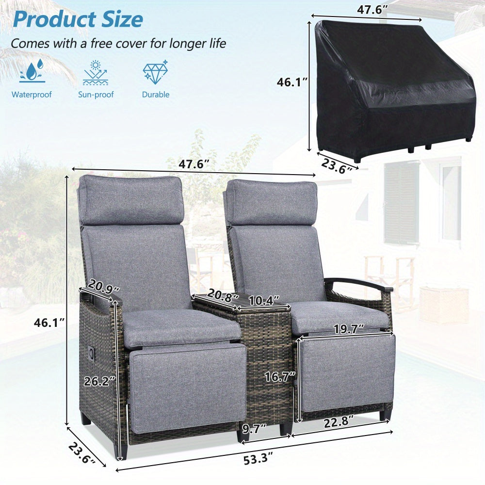 Patio Recliner Loveseat Chair with Storage Table Gray