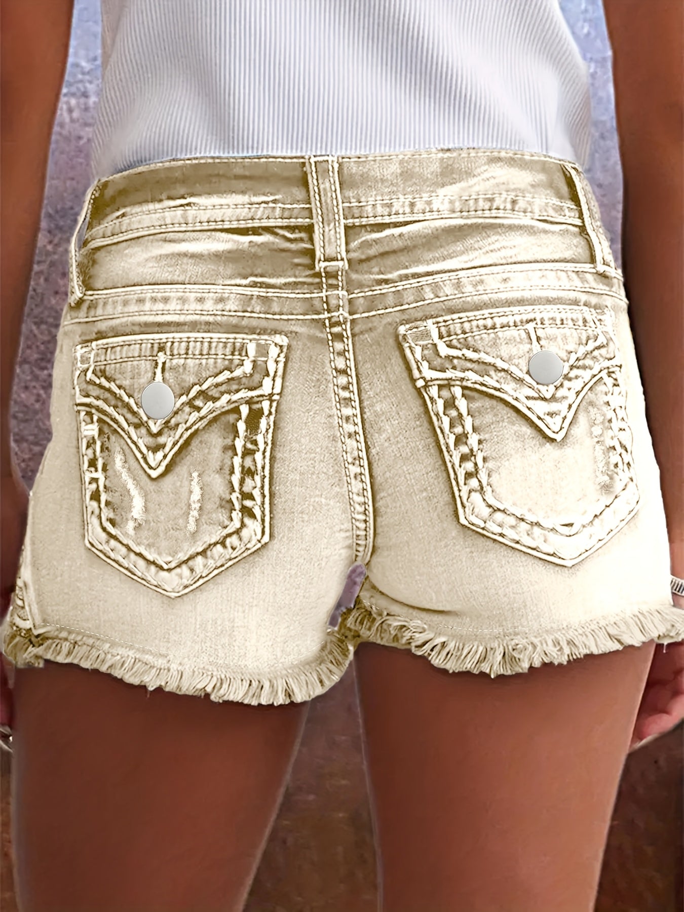 [Distressed Denim] Women's Casual Mid-Rise Stretch Denim Shorts | Denim | Ripped Raw Hem, Frayed Detail, Slash Pockets, Zipper & Button Closure | Summer