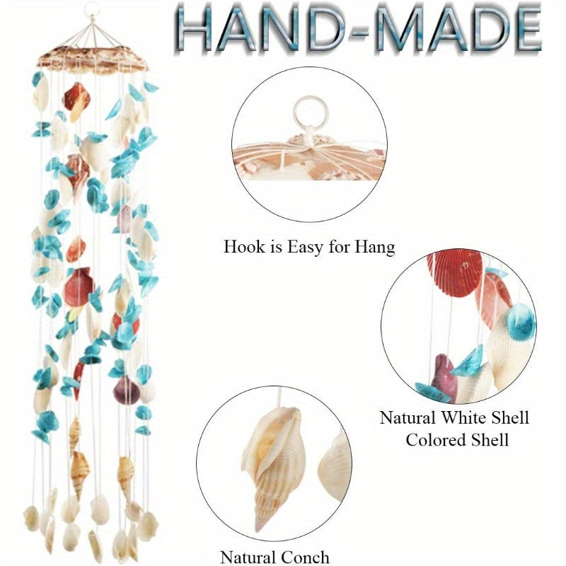Handmade Seashell Wind Chimes - Multi-Color Beach Decor with Metal Frame & Natural Shells, 29" Tall Outdoor/Indoor Hanging Ornament for Garden, Patio, Bar, Home - No Batteries Needed, Unique Gift Idea, Garden Decor | Floral P