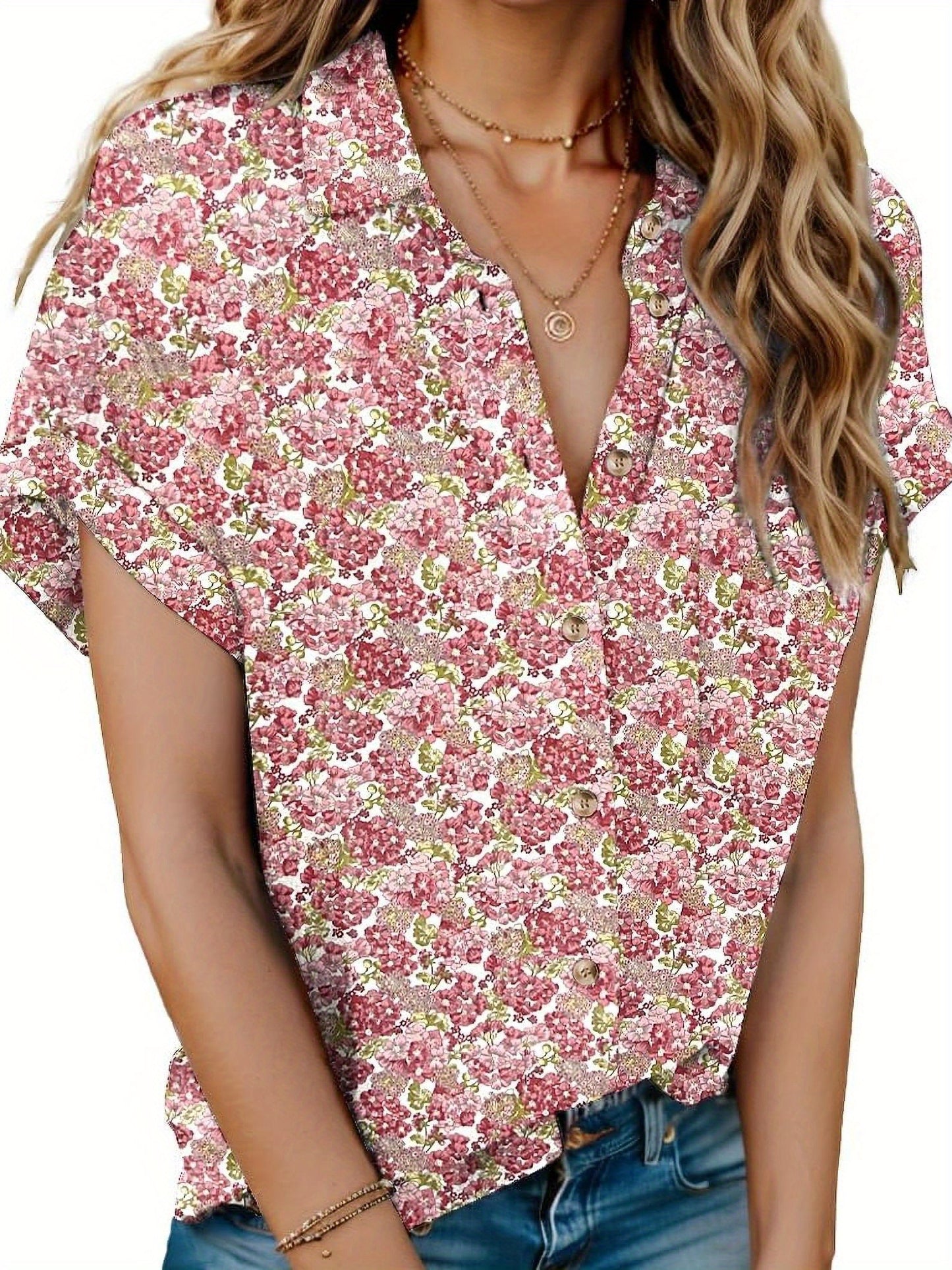 ELESOL Womens Button Shirts Short Sleeve Blouses V Neck Tops